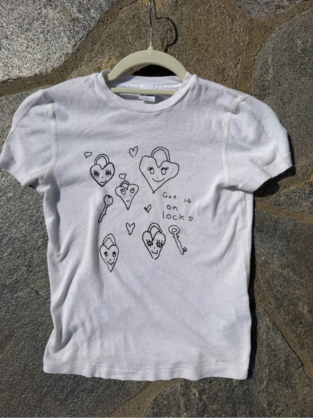 Re/Done White Short Sleeve Tee with Black Heart & Key Doodles